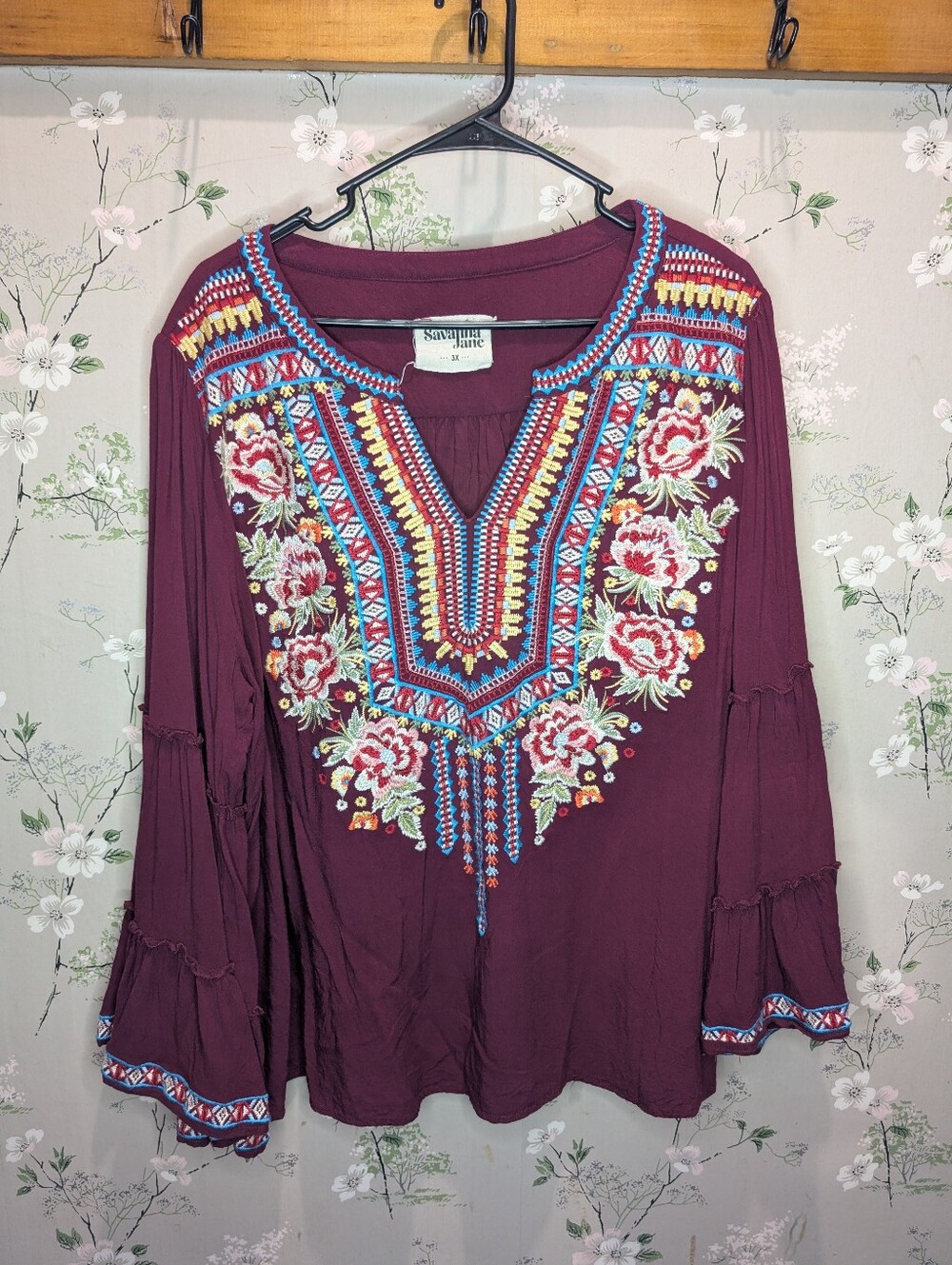 Savana Jane Aggie Burgundy Embroidered Bell-Sleeve Top